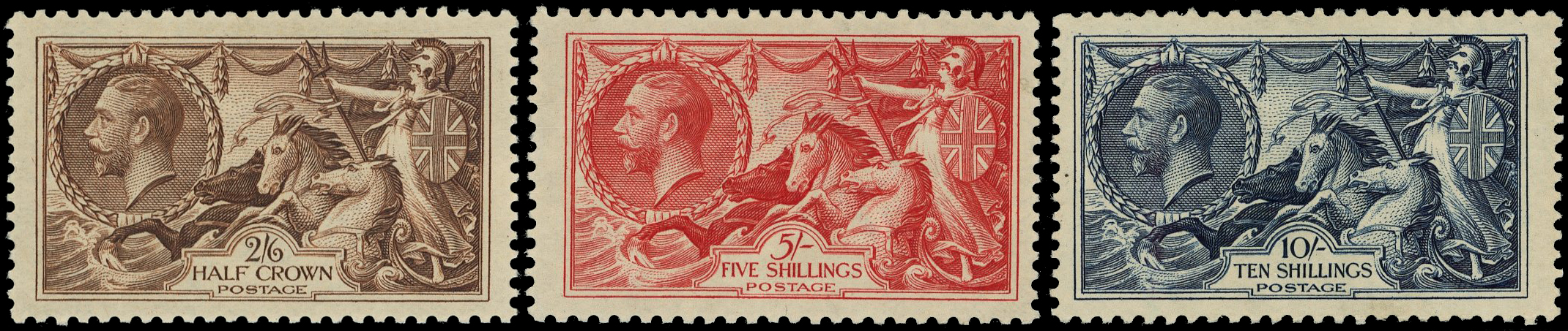 GB: 1934 2s6d, 5s and 10s re-engraved ‘Seahorses’, set of 3 fresh fine o.g. SG 450/452