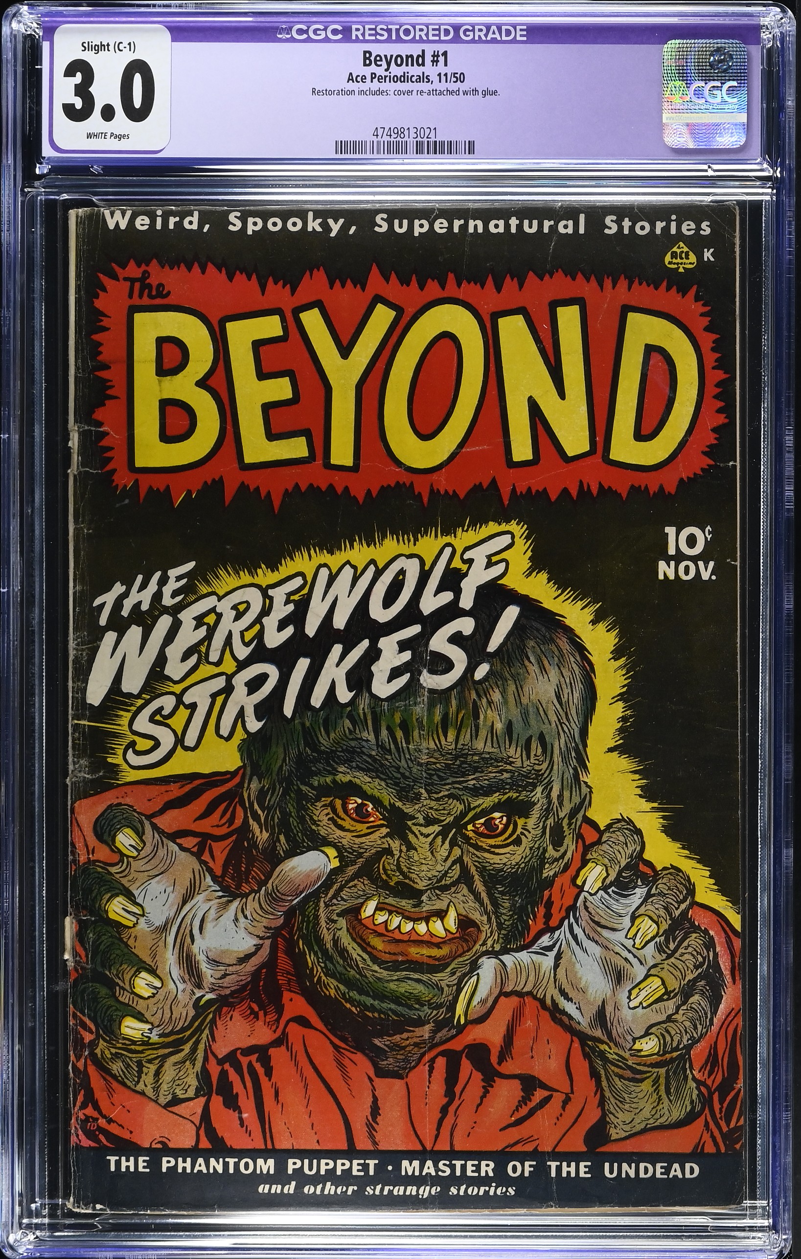 Beyond #1 CGC 3.0 Restored Werewolf Cover by Warren Kremer (Ace Periodicals, 1950) White Pages