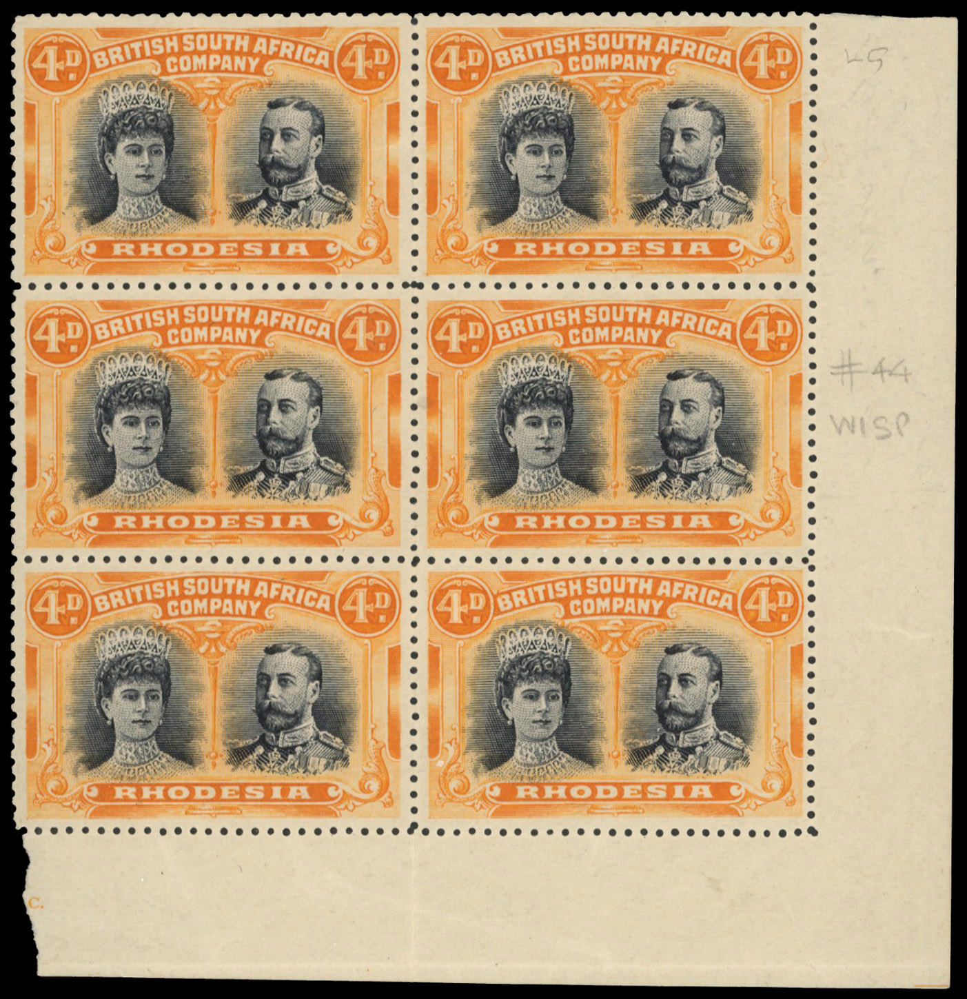 4d black and orange SG 140 corner block, position 44 King's wisp mint