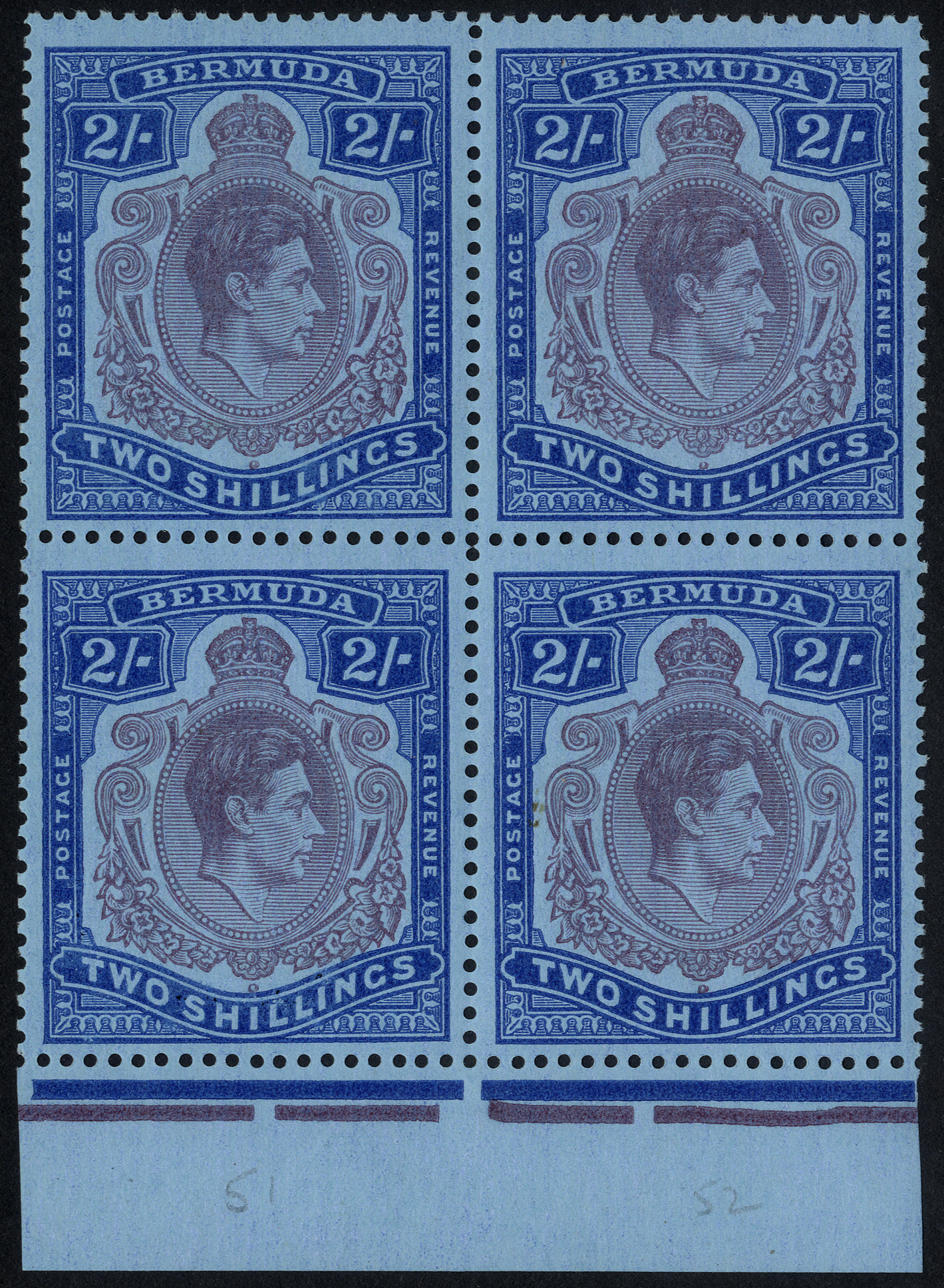1950 (Aug.) 2/- perf 13 bottom marginal u/m block of four, #s 39-52. SG 116f, cat...