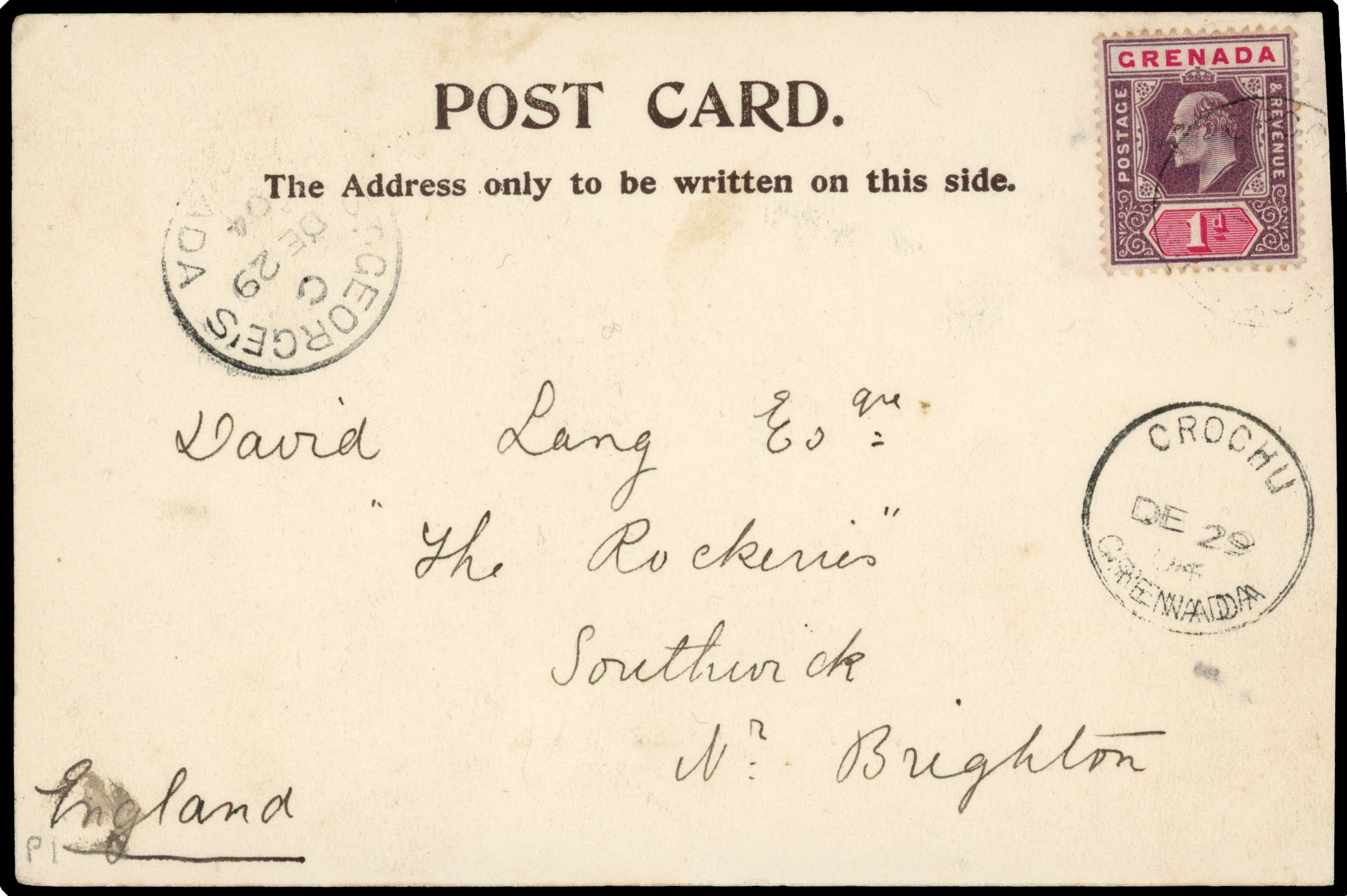 1904 ppc addressed to England franked 1d tied ‘CROCHU/DE 29’ cds with ‘ST GEORGE’S' transit at left. ADDED TO R2000893/19