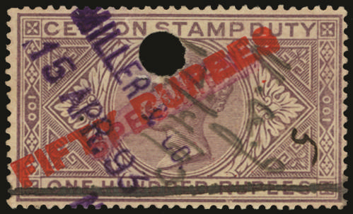 CEYLON 1893 Revenue 'FIFTY RUPEES" on 100r lilac Local Provisional