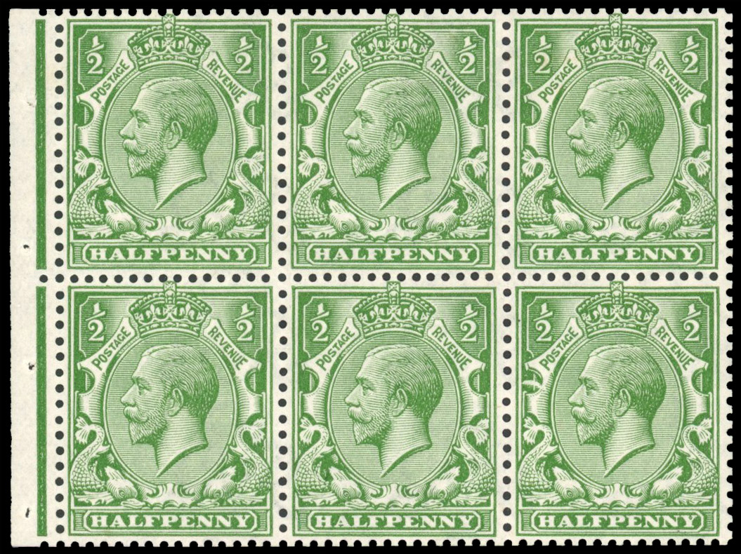 GB 1912-24 ½d green booklet pane of six with New Moon flaw mint, Spec. NB6a