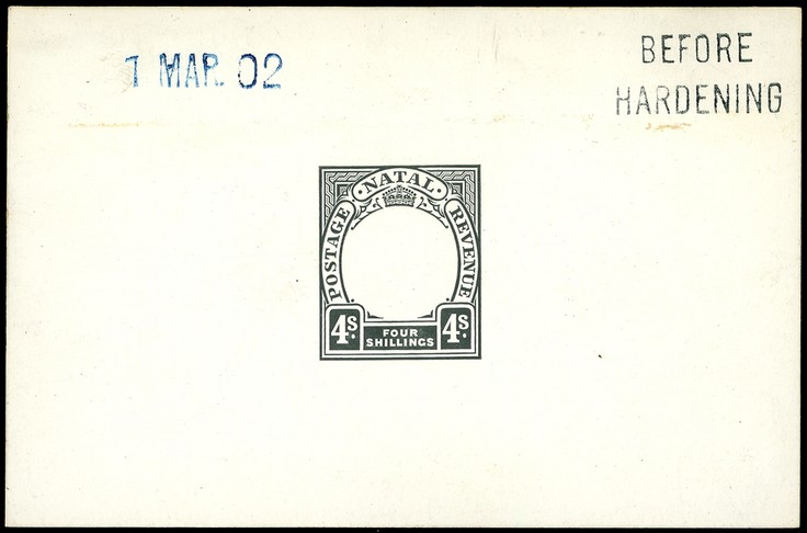 1902 Die Proof of 4/- Duty Plate in black on glazed card 93 x 60mm, dated 1 MAR. 02 in blue and marked BEFORE HARDENING. ...