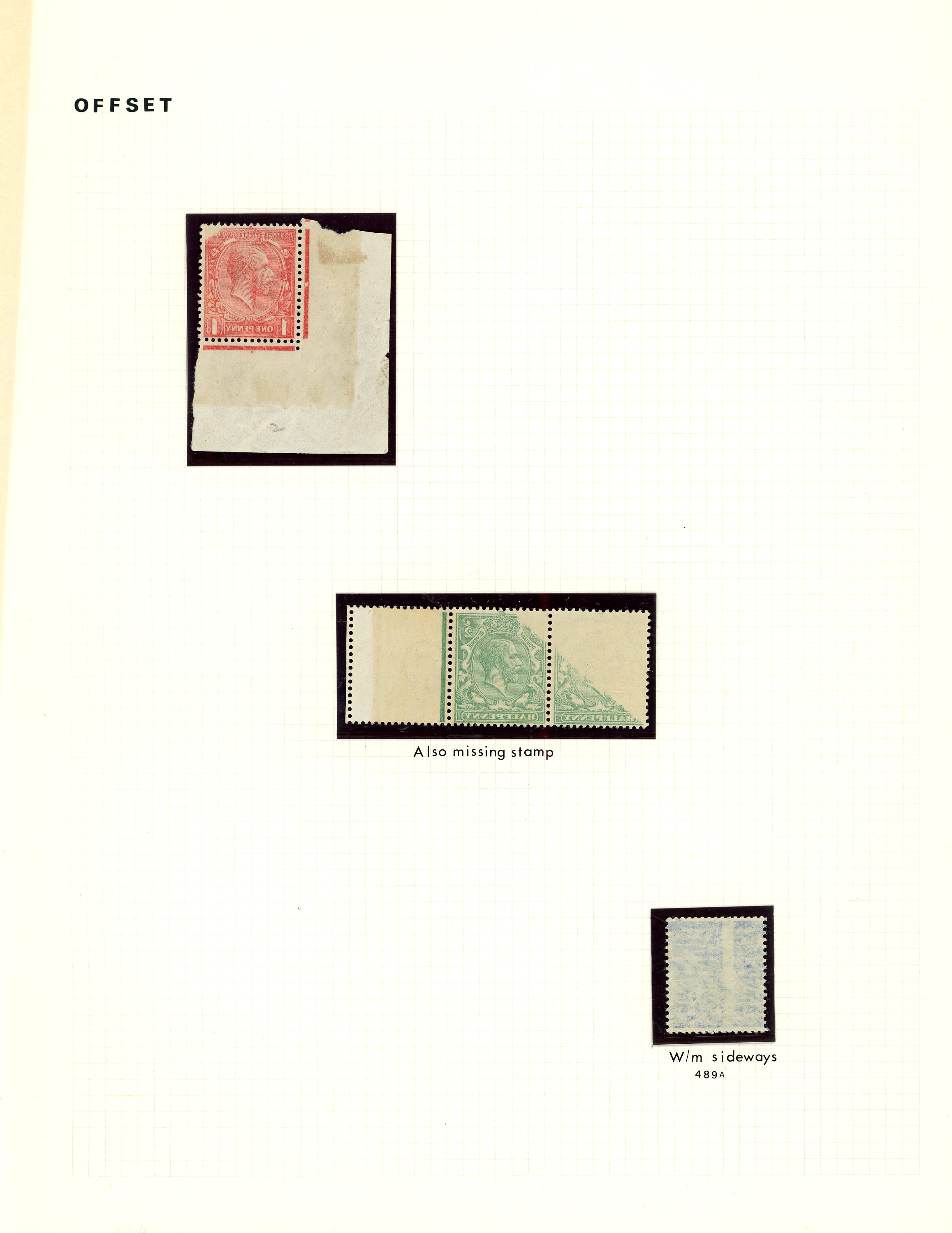 GB: 1912 1d l/l corner marginal single with design offset on reverse,