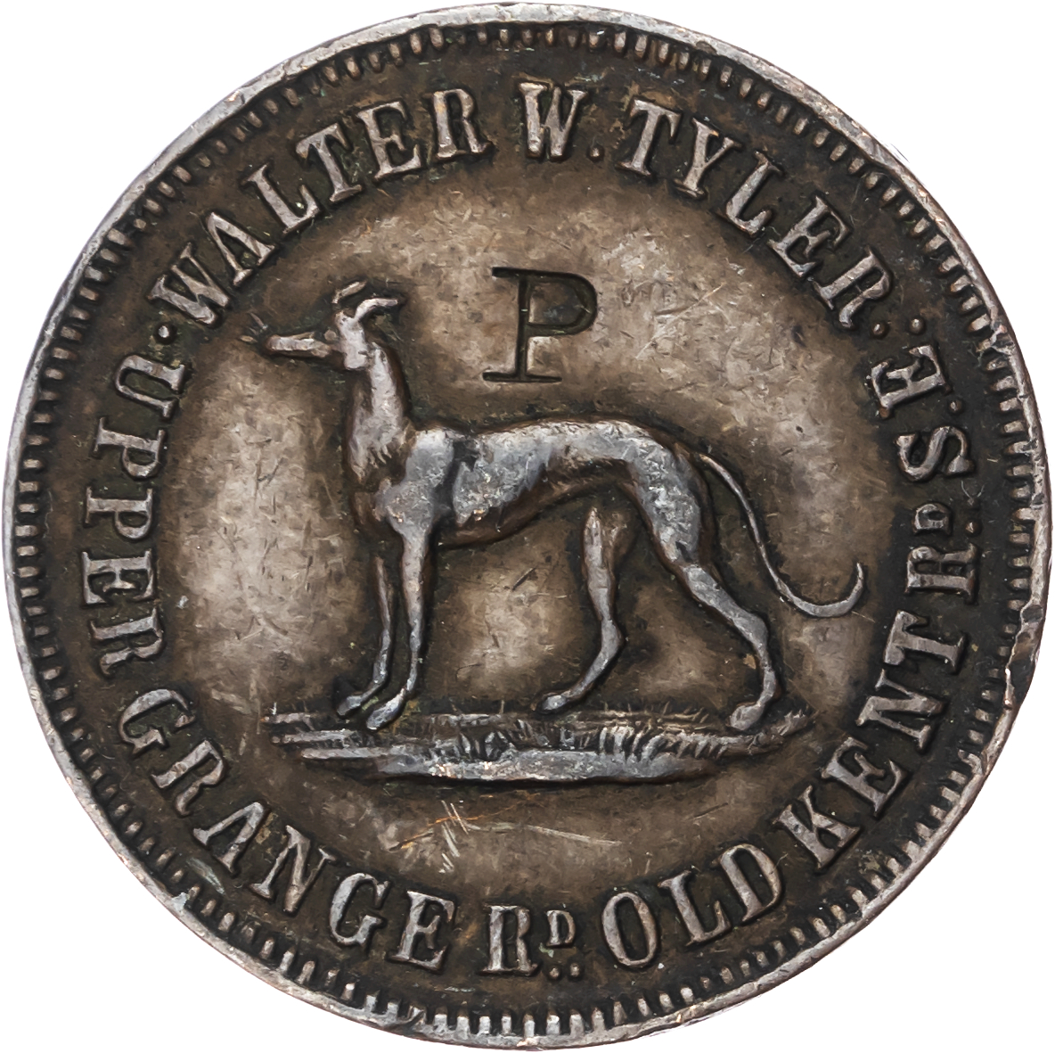 Lot of 5 coins - Lon. Barbican, Aldersgate St. Ship Tavern , 3d, 27mm. G F Parsons, VF, toned; Bermondsey, Upper Grange Rd...