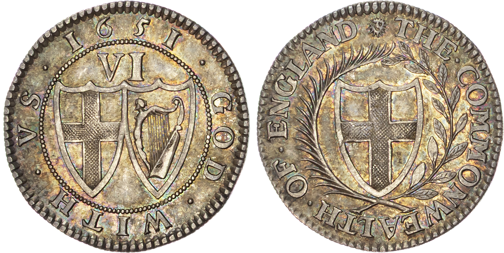 Commonwealth silver Pattern Sixpence, 1651, by T. Simon and P. Blondeau.