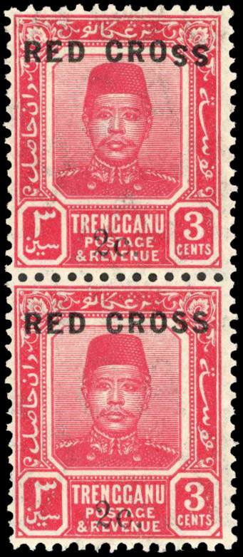 Trengganu 1917-18 Red Cross 3c+2c error SS in CROSS inverted
