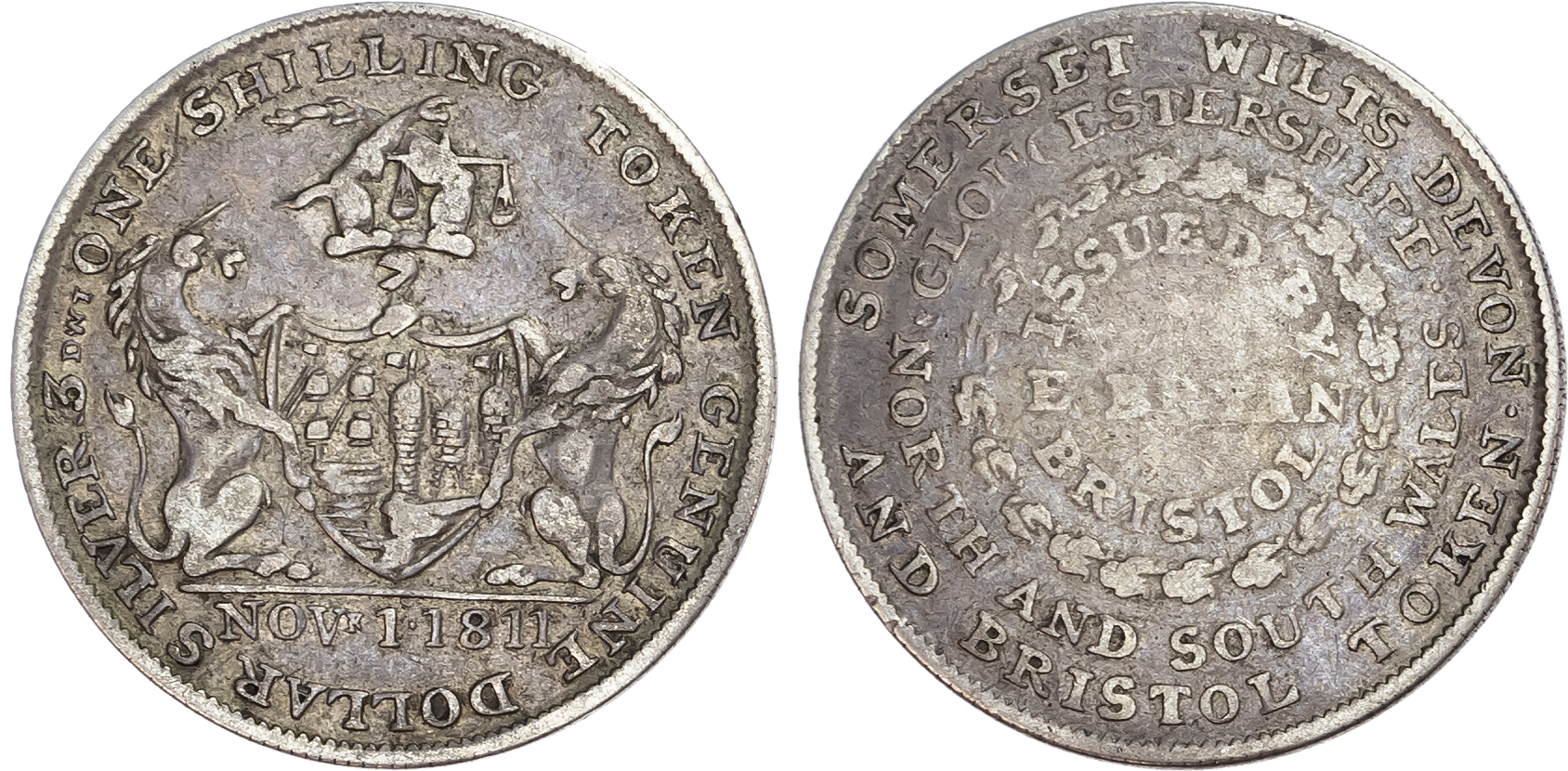 Somersetshire, Bristol. E. Bryan, silver shilling 1811. 