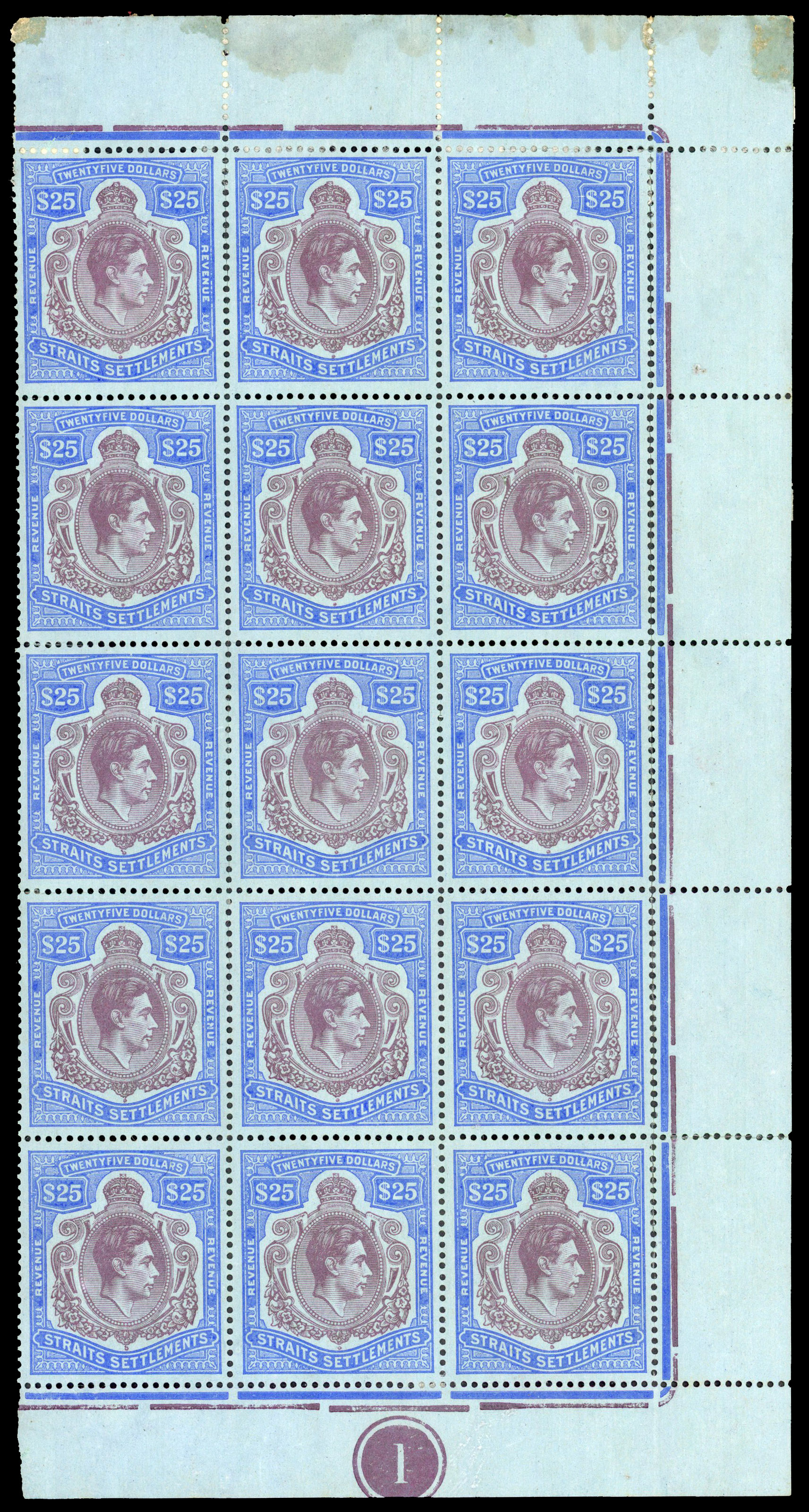 Straits Settlements 1938 KGVI $25 revenue block of 15