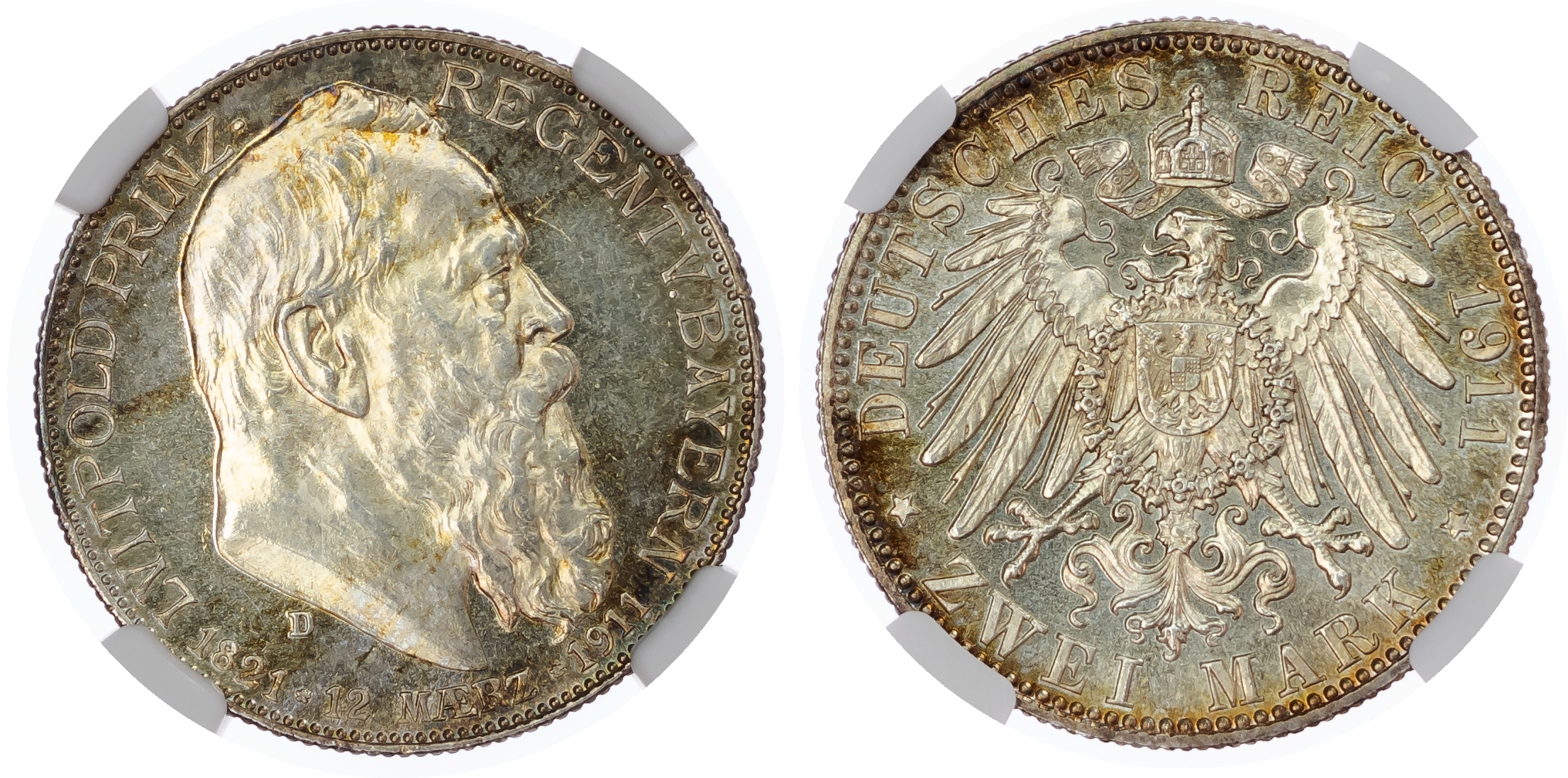 Germany, States. Bavaria AR 2 Marks, 90th Birthday of Leopold. 1911D.