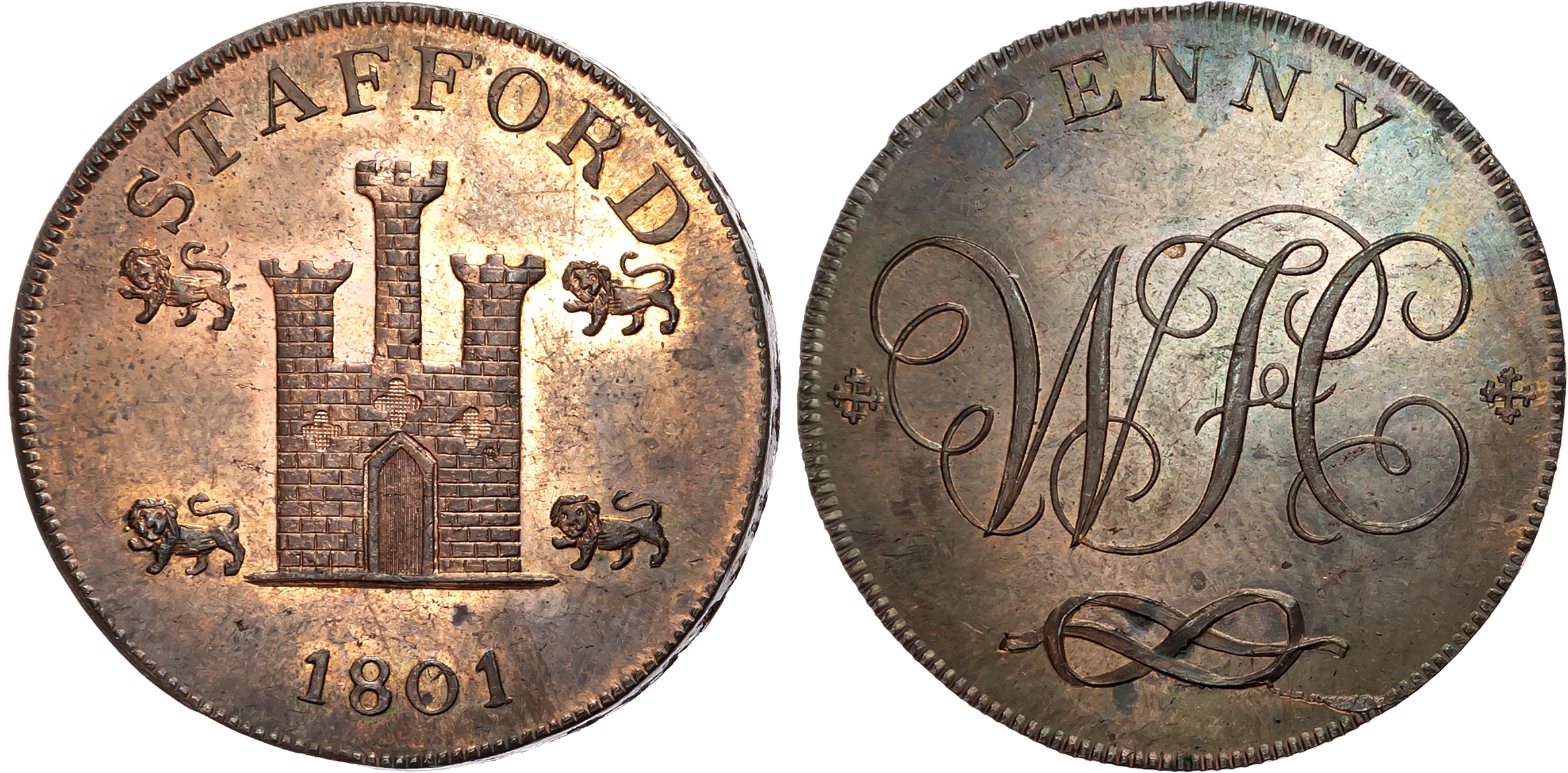 Staffs.  Stafford, William Horton & Co, Penny, 1801, Arms of Stafford, rev , WH cypher over knot, edge PAYABLE BY HORTON …