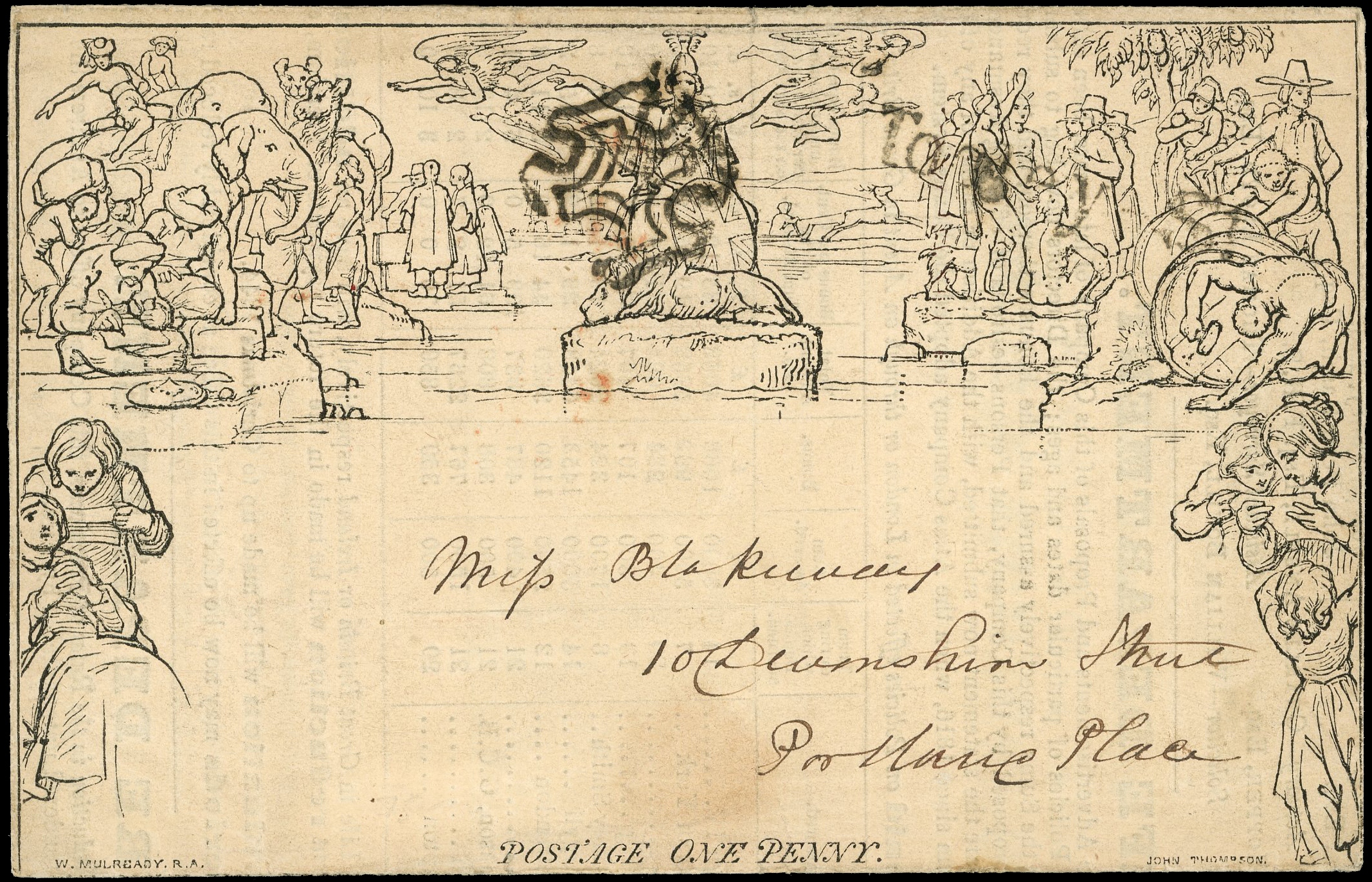 1840 Mulready 1d wrapper (4), all with Atlas Assurance Company adverts