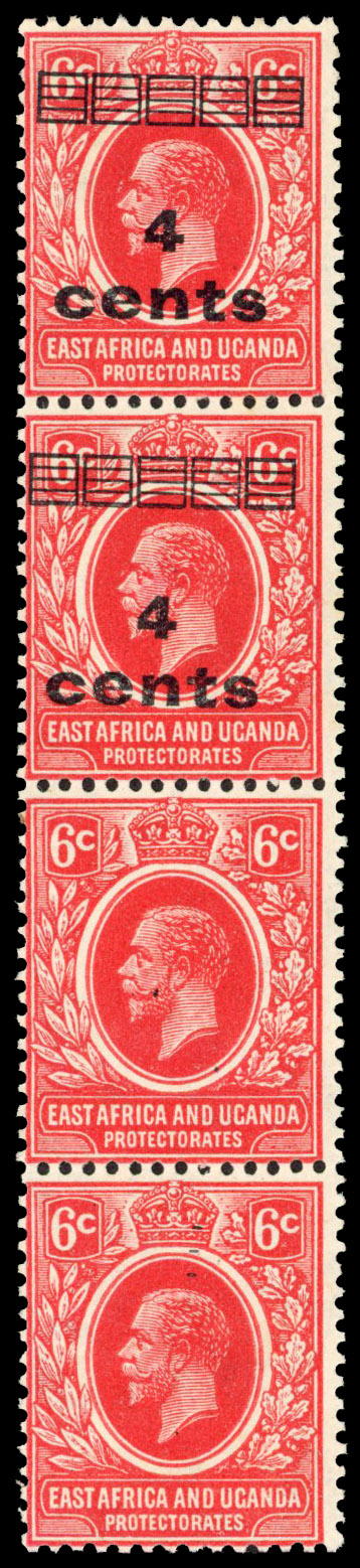 KUT 1919 4c on 5c vertical strip surcharge omitted