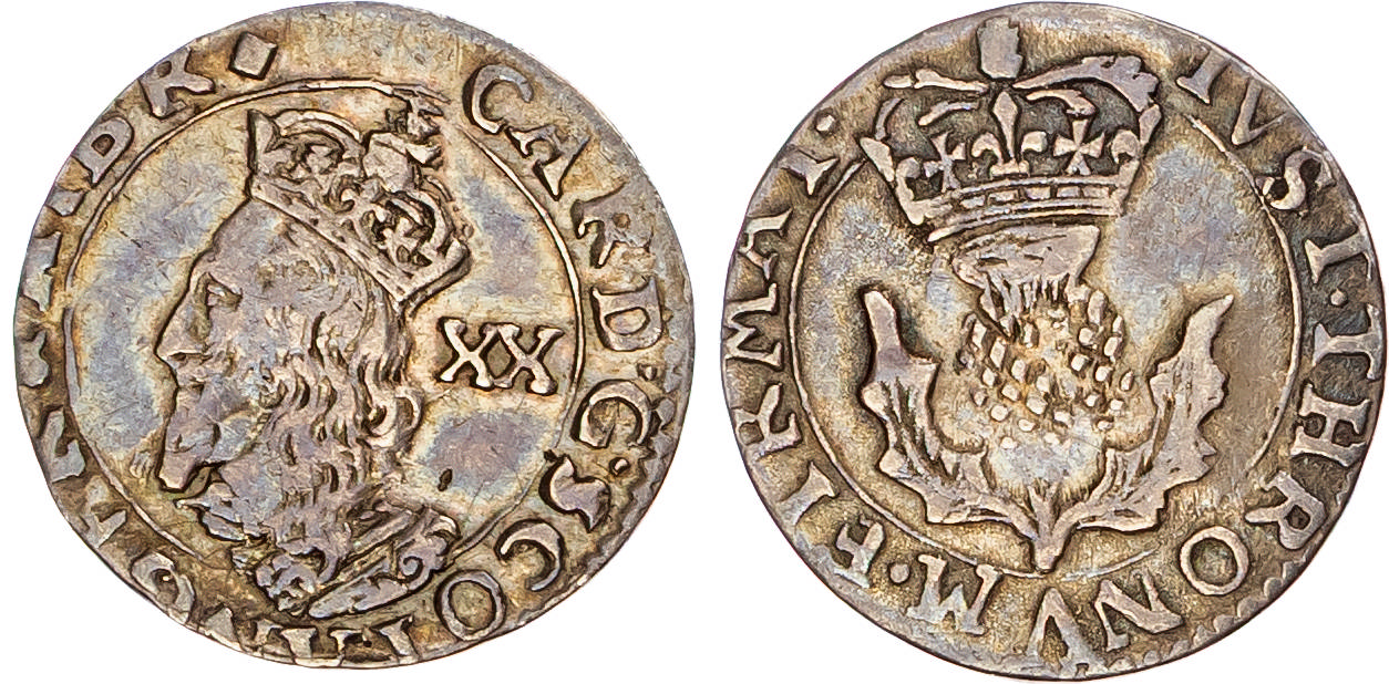 Scotland, Charles I (1625-1649), AR Twenty Pence, Third Coinage (1637-42), Type V (Falconer’s Anonymous Issue). 