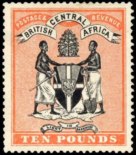 Nyasaland SG 30 1895 £10 black and orange-vermilion mint