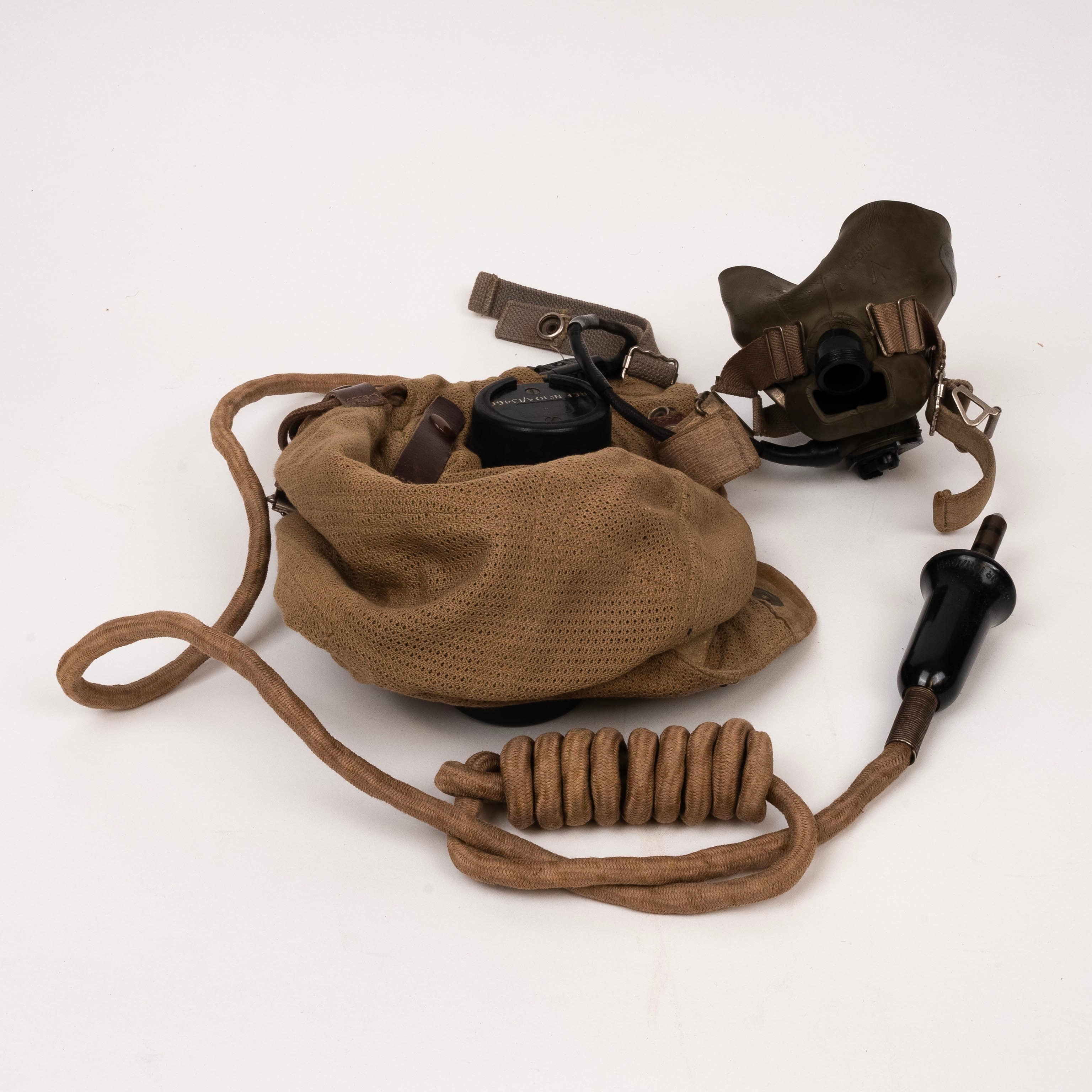 WWII RAF C Type Tropical Flying Helmet, with wire loom an H-Type oxygen mask