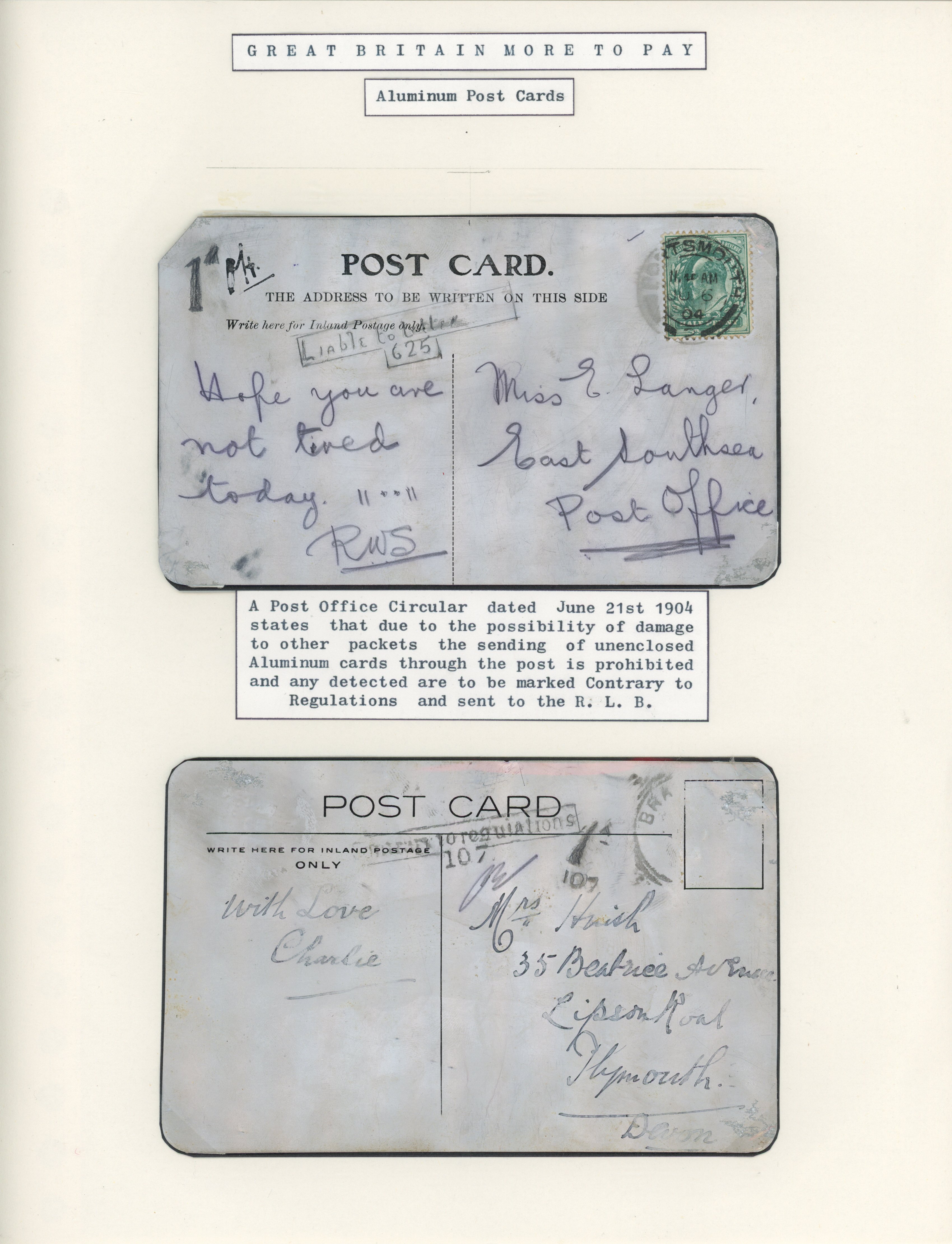 Great Britain 1904-07 selection of aluminium postcards