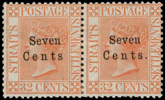 1879 7c on 32c pale red o.g. horizonal pair, the left stamp showing no stop after 'Cents'. Horizontal crease which...