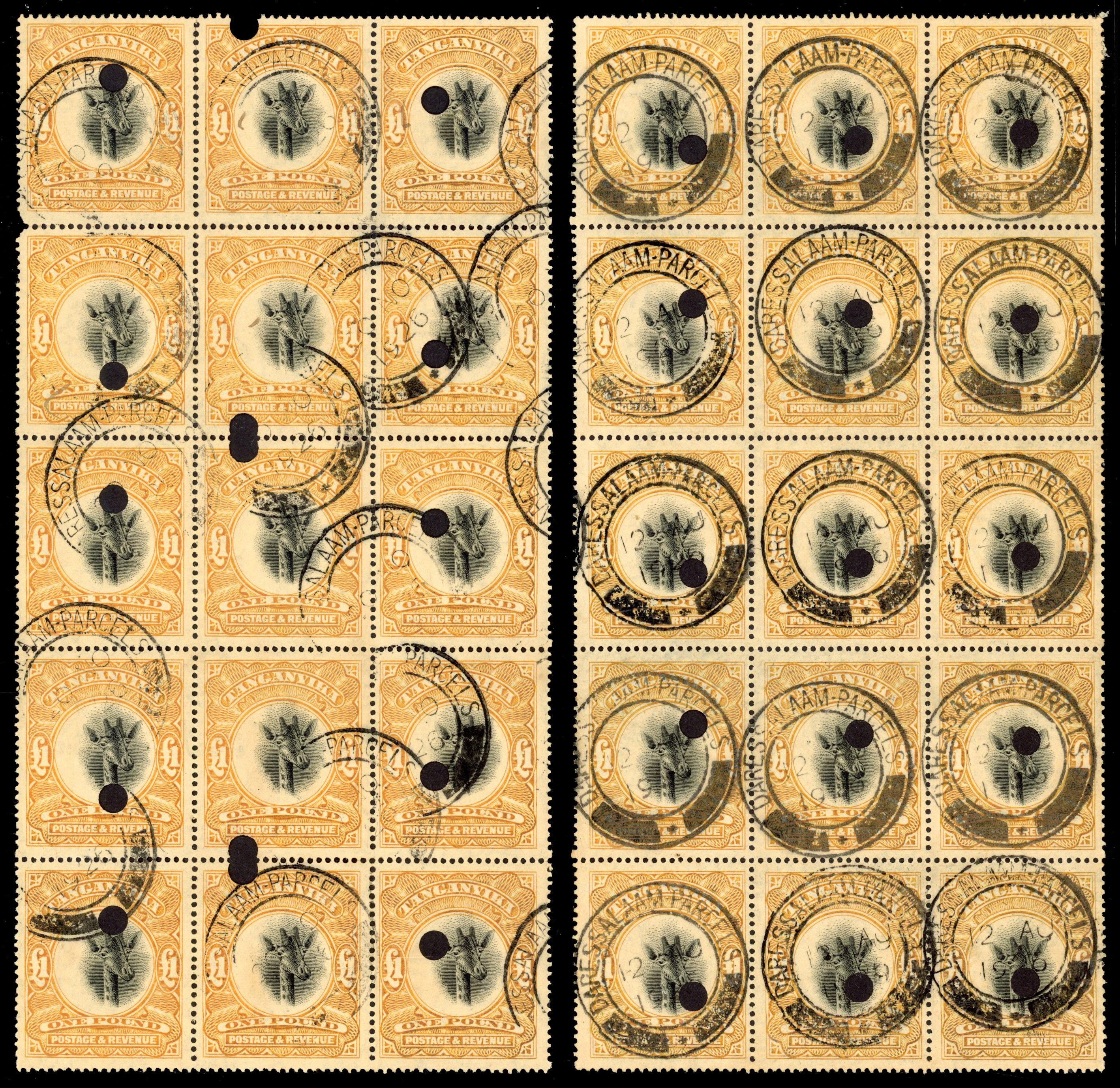 Tanganyika SG 88a 1922 £1 blocks fiscally used