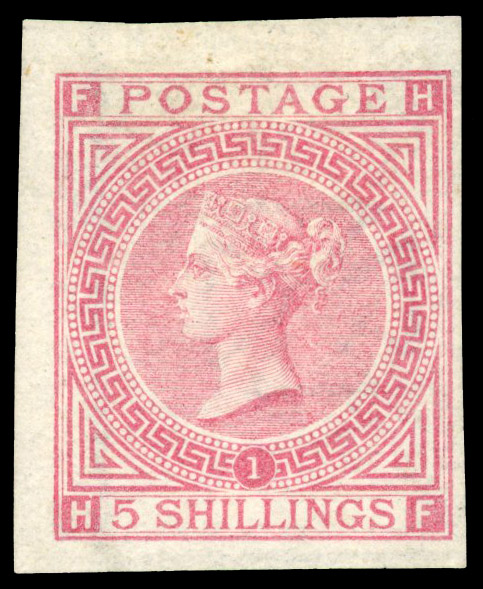 1867 5s Pale rose Pl.1. Unused o.g. Imperforate example