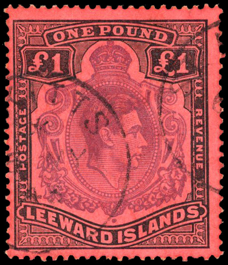 LEEWARDS: 1942 £1 purple and black on carmine with R5/12 ‘broken lower right scroll’ variety, canc St Kitts cds ‘6 MY 43’