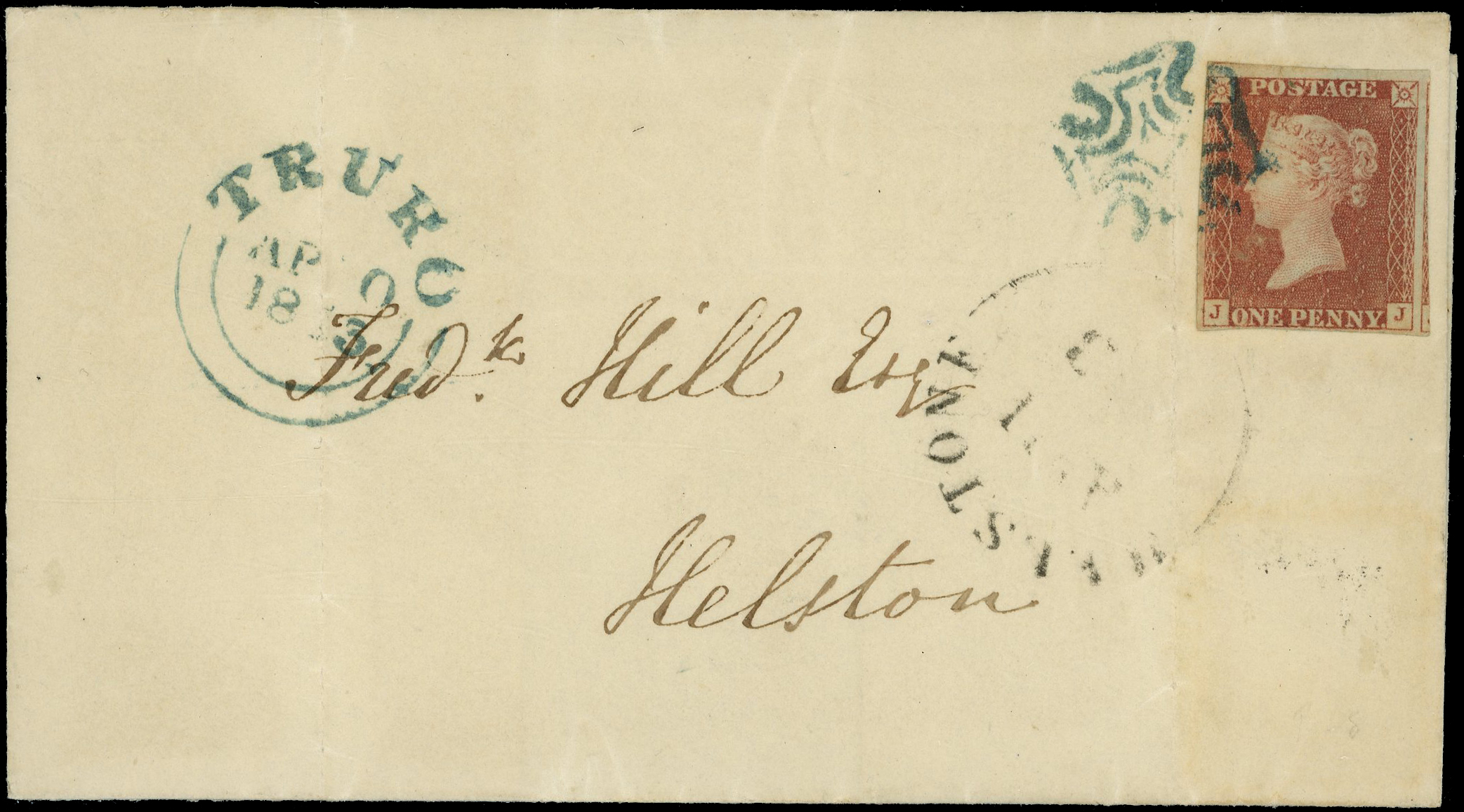 1841 1d Red-brown Pl.8 ‘Black plate’ (JJ). Truro blue MC on cover
