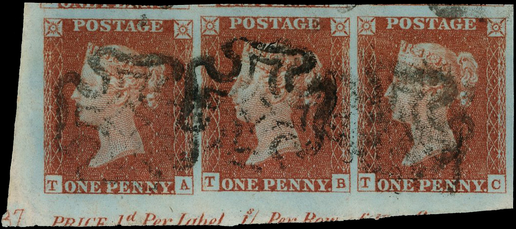 1841 1d Red-brown Pl.37 (TA-TC) Corner plate number strip of three