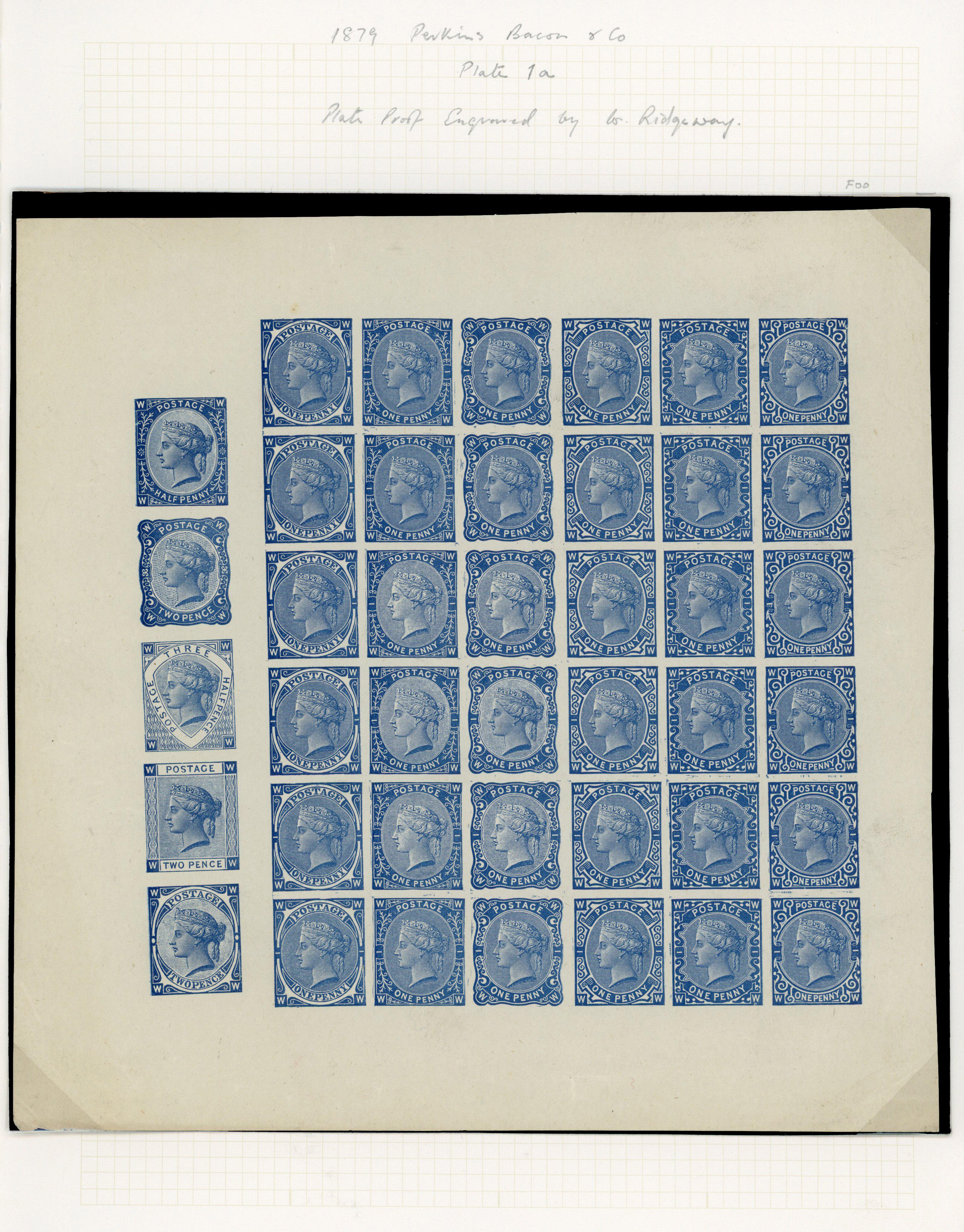 Great Britain 1879-80 Tender Essay Perkins Bacon imperf sheets in blue and pale brown