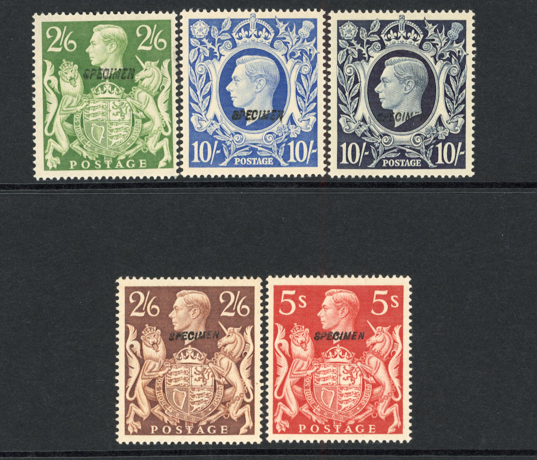 1939-48 2s6d-10s ‘Arms’ High value. Very fine unused o.g. group of 5, Three genuine specimens