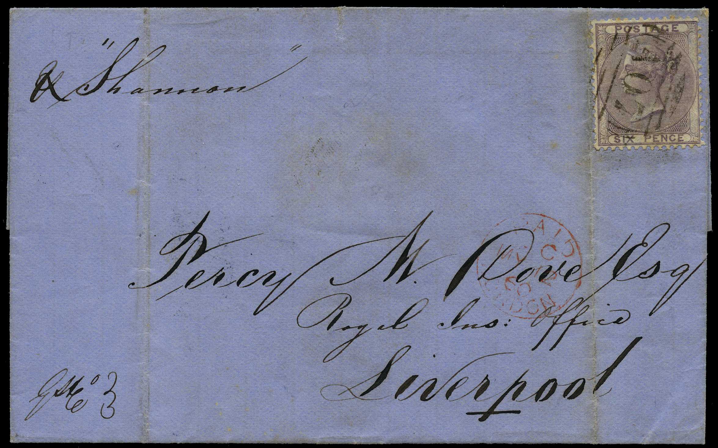 GB USED ABROAD: 1860 6d lilac with "A07"...