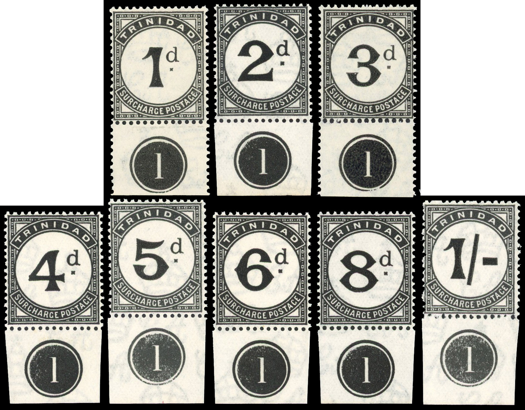 Trinidad and Tobago 1923-45 postage due set with plate number
