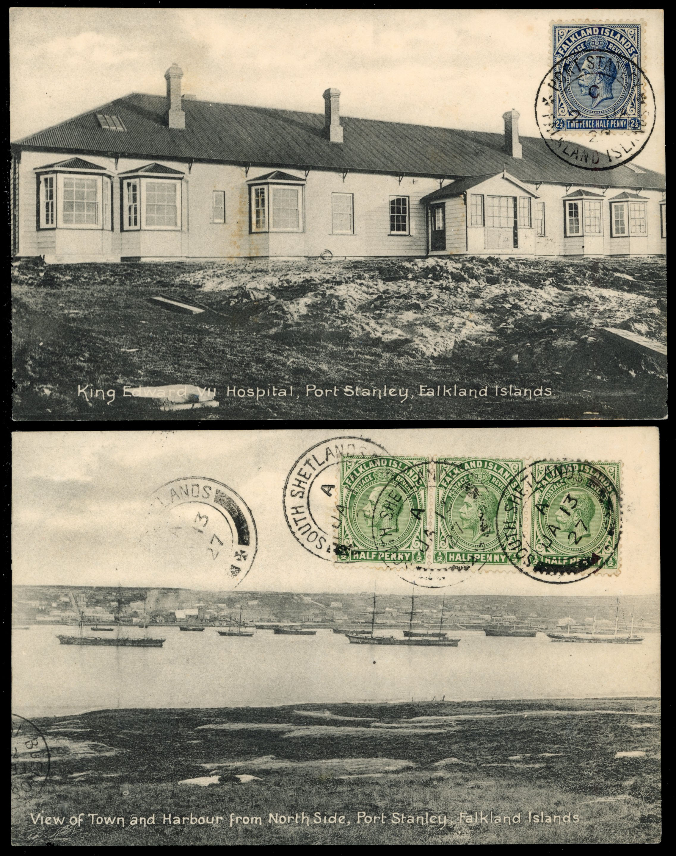 † Falkland Islands 1927-8 two used ppcs, one from South Shetlands