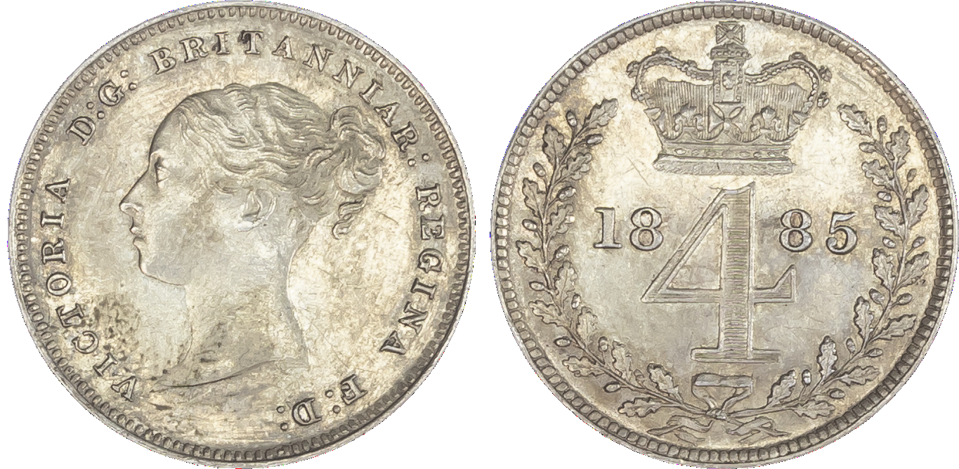 Victoria (1837-1901), Maundy set, 1885, Four, Three, Two and One Pence, young head left, legend and toothed border