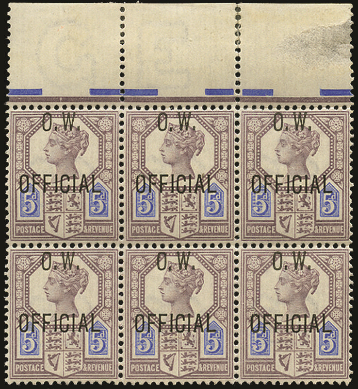 Great Britain 1902 5d  Dull purple & blue (O.W. Official). Superb unmounted o.g. top marginal block of six, from p…