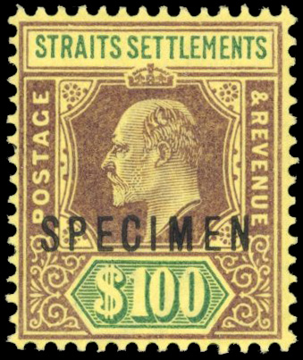 Malaya Straits Settlements SG 122s 1902 $100 Specimen