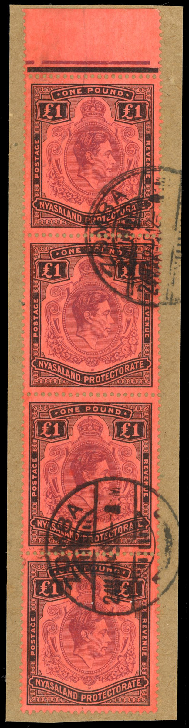 Nyasaland SG 143c 1938 £1 strip with serif on 'G' used