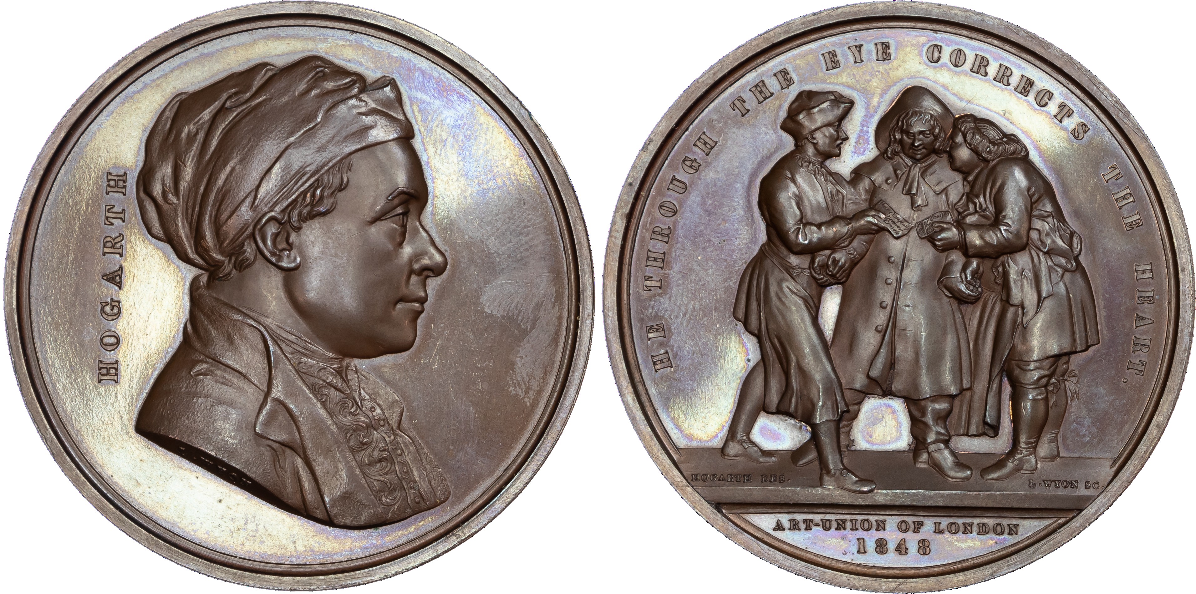 William Hogarth (1697‑1764), copper medal (54mm/79.09gm) 1848 by L. C. Wyon for the Art Union of London Series.