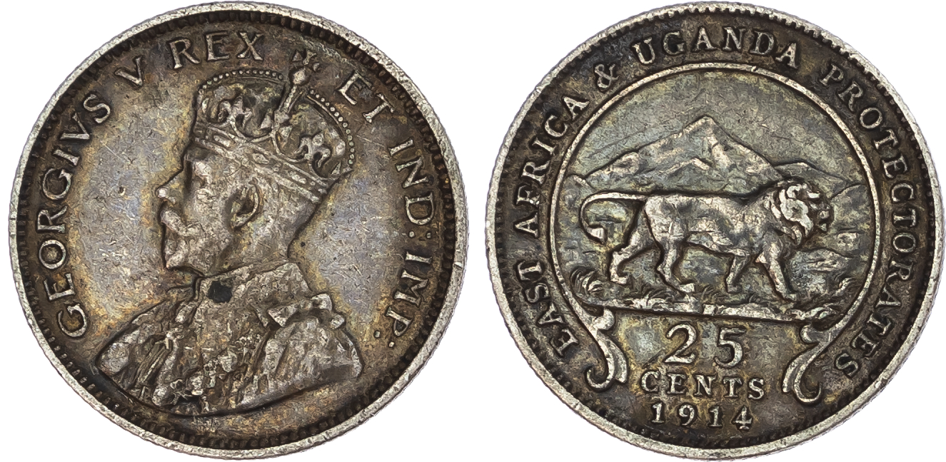 East Africa, British Colonial. George V AR 25 Cents. 1914H. 