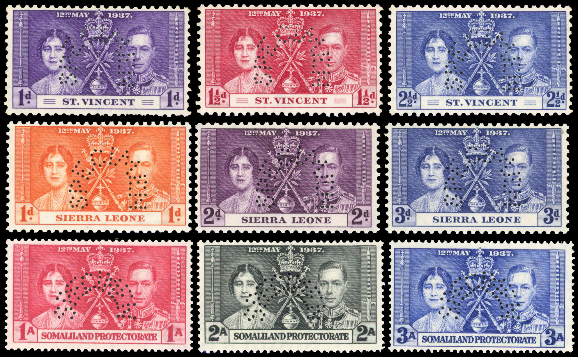 Omnibus 1937 Coronation sets perforated SPECIMEN including Newfoundland, Cyprus, Gambia, Gold Coast, Leeward Is, Montserrat,