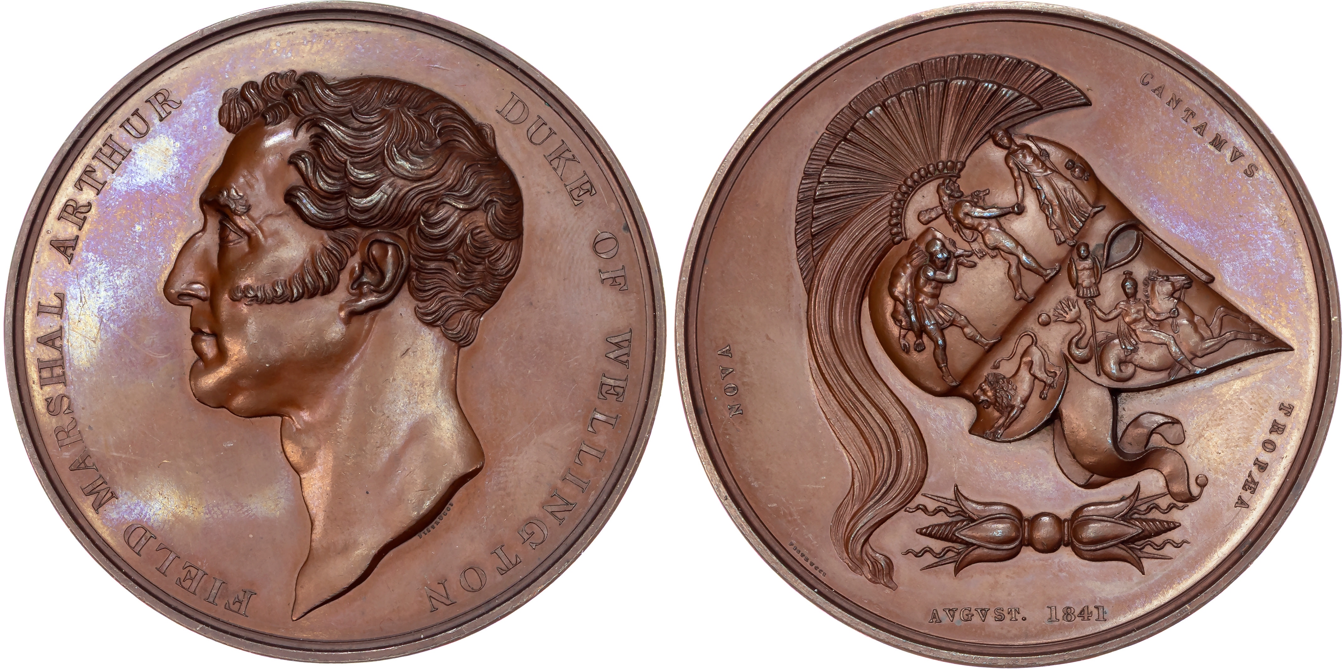 Victoria (1837-1901), Arthur, Duke of Wellington, Tribute medal, 1841, AE medal (60.5mm) by Benedetto Pistrucci.