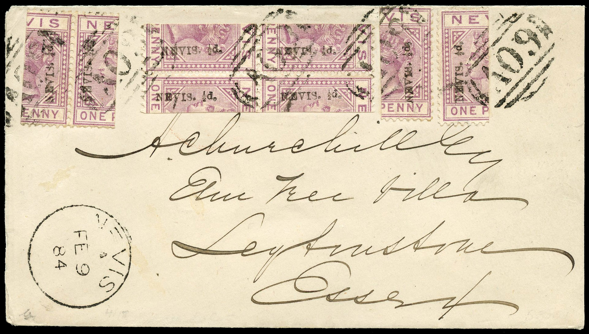 1884 cover to Essex with ½d on 1d bisects