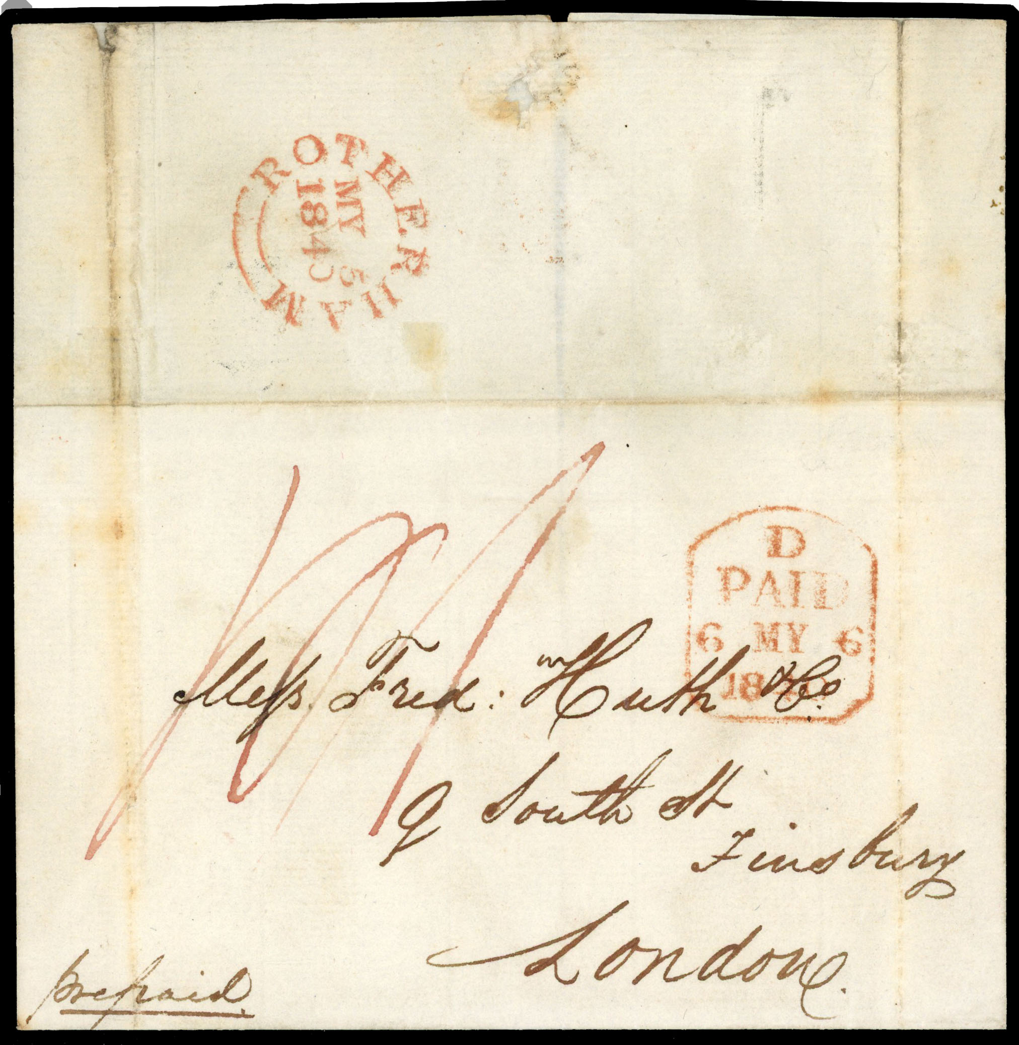 1840 (5 May) stampless entire from Rotherham used on the last day of usage of Uniform penny post