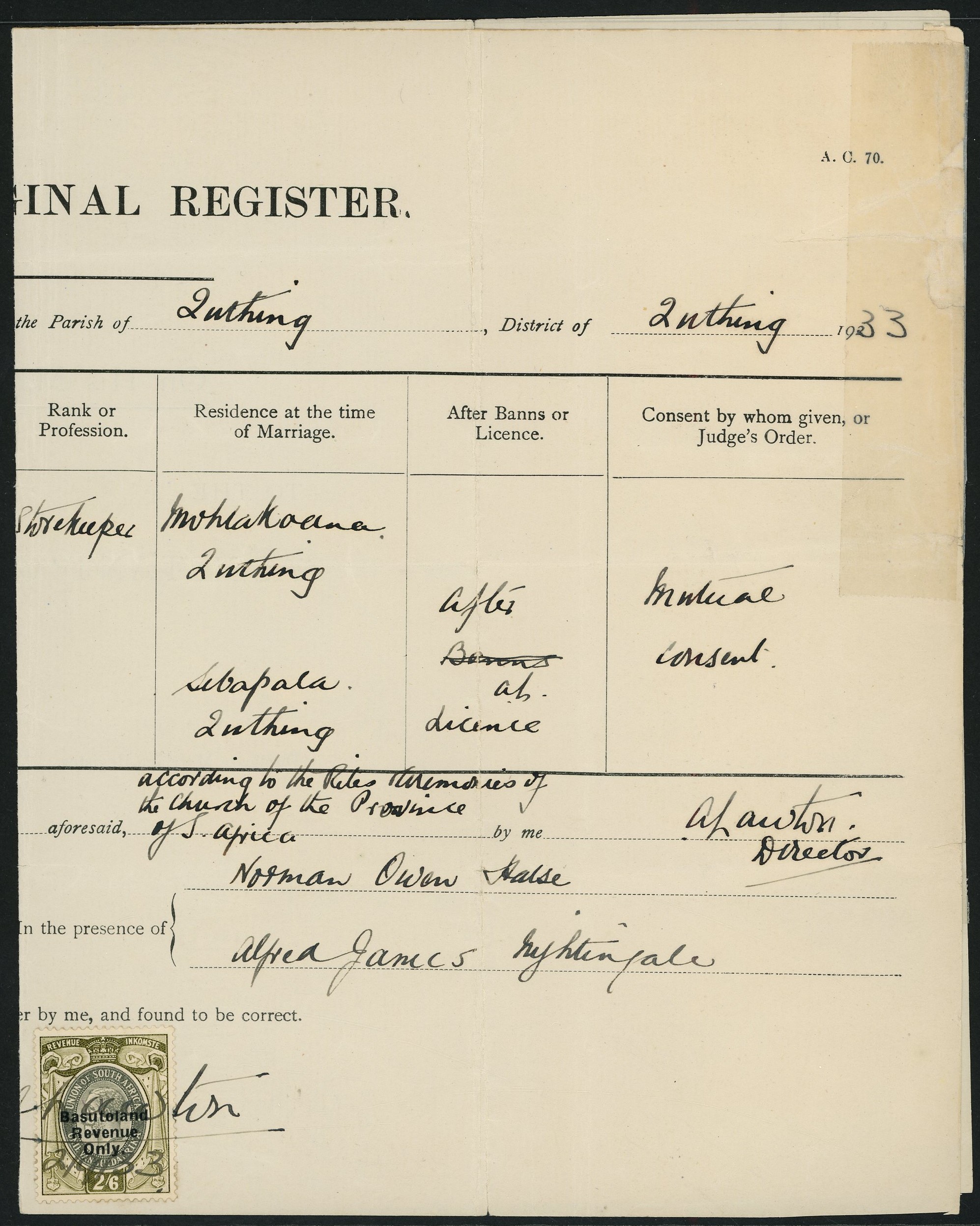 Basutoland 1933 2s6d on document ONLY RECORDED