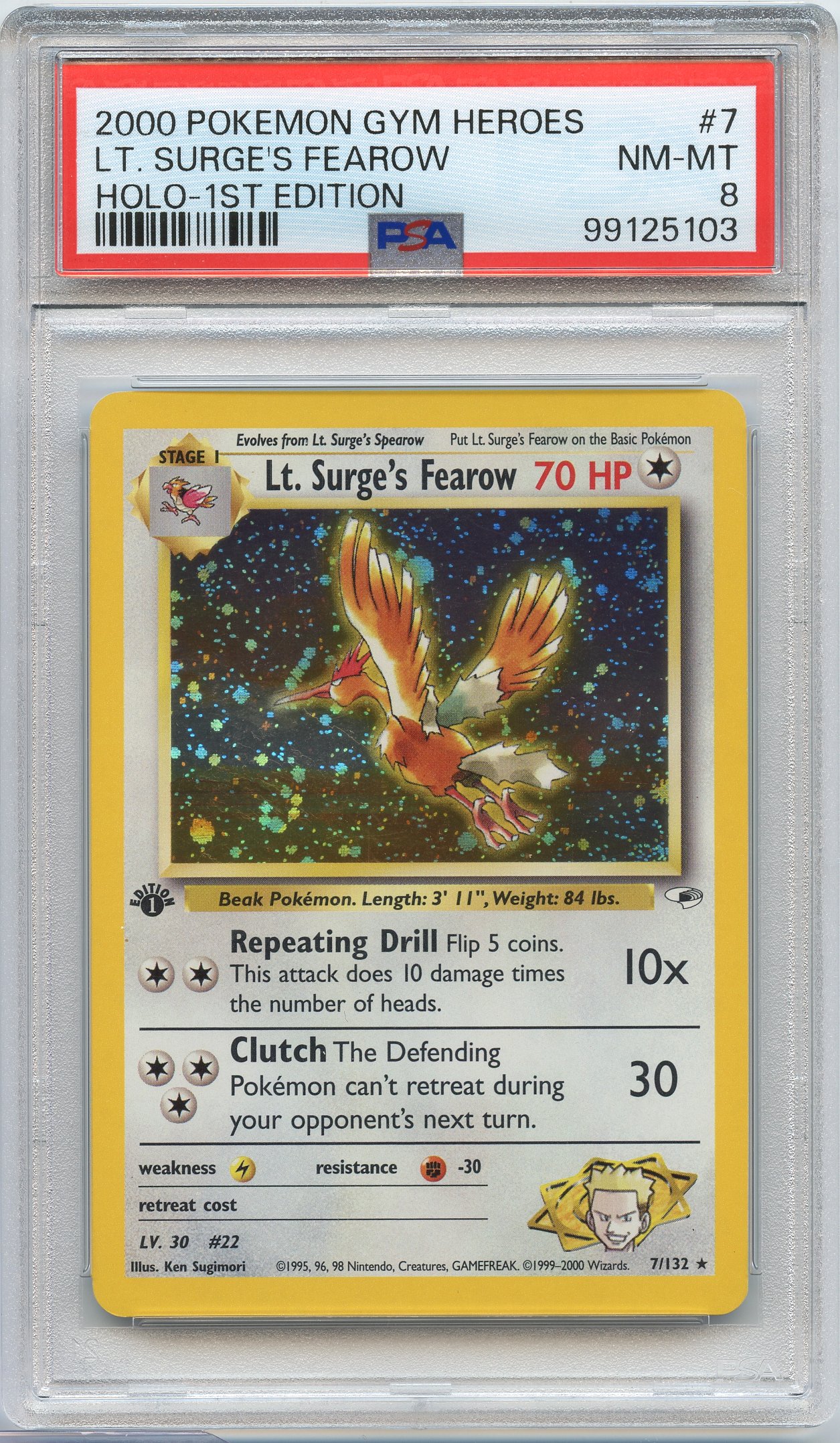 PSA 8 1st Edition Lt. Surge's Fearow - Gym Heroes Holo #7