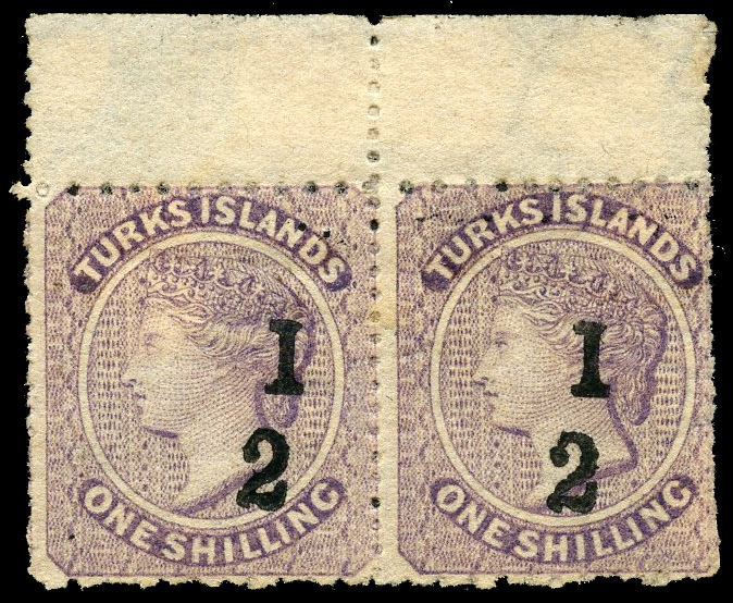Turks Islands 1881 ½ on 1s lilac type 4 surcharge without bar pair