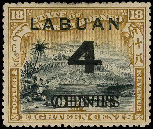 1899 4c on 18c black and olive-bistre part o.g. (area of missing gum) with surcharge double, rough perfs at top;...