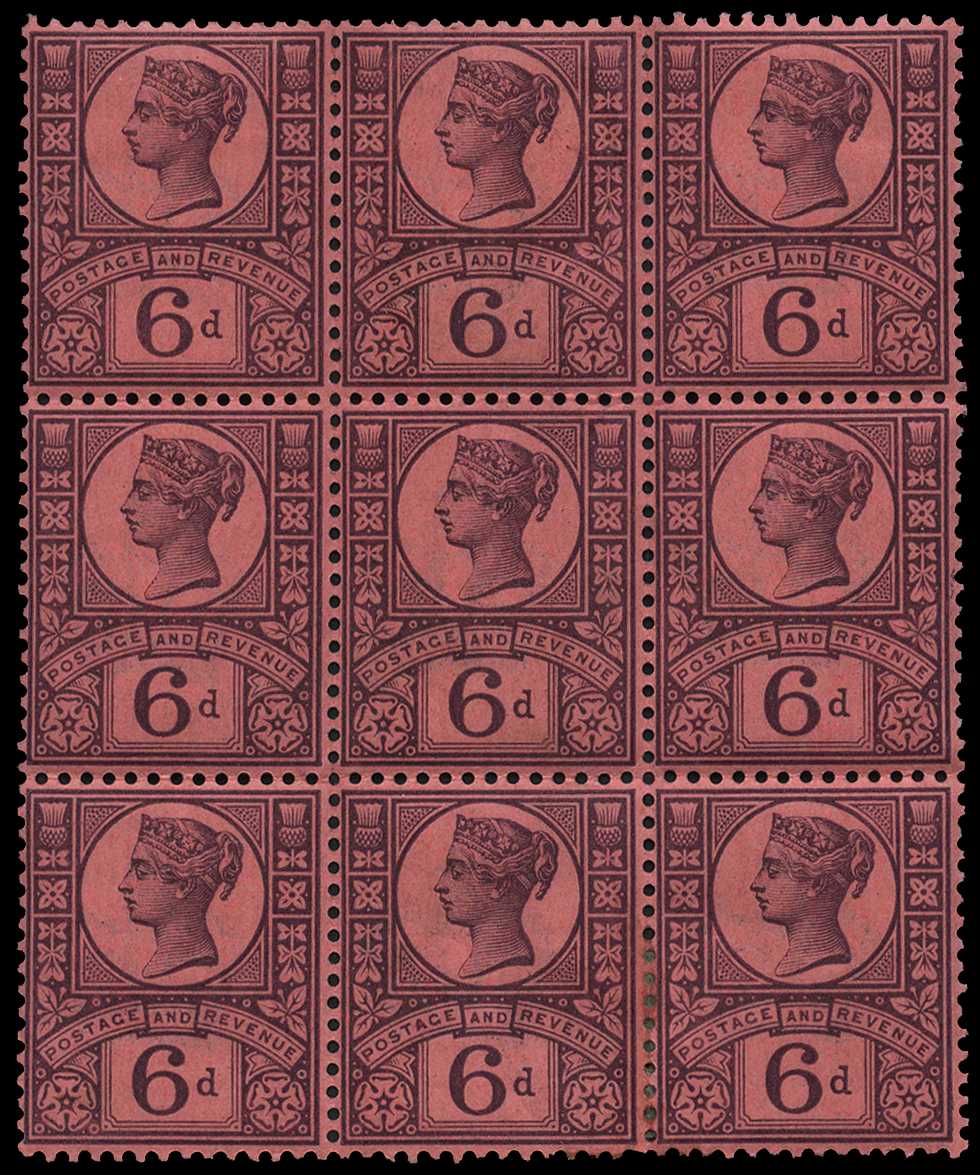 1887 6d purple/rose-red, block of nine...