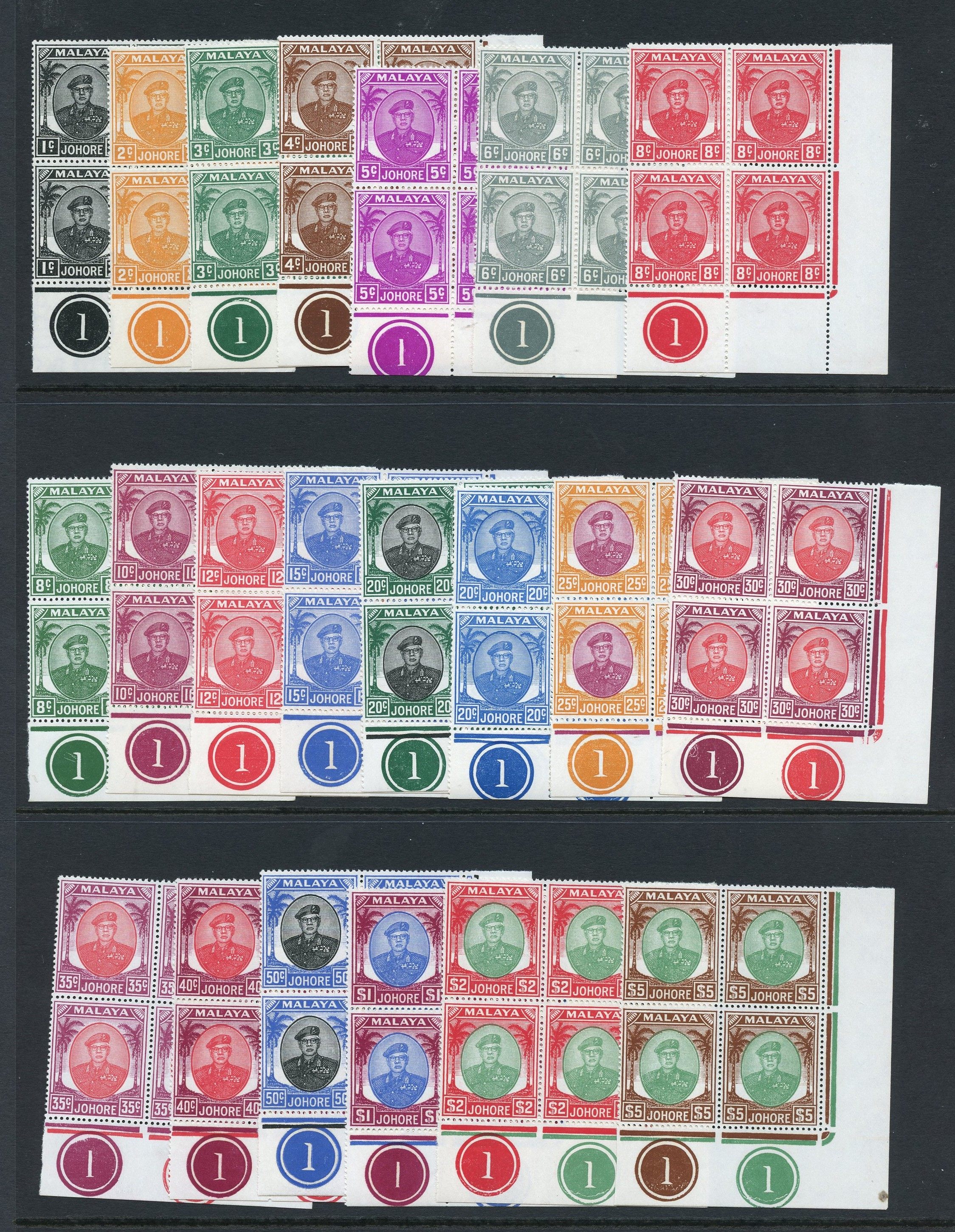 Johore SG 133-147 Plate blocks...