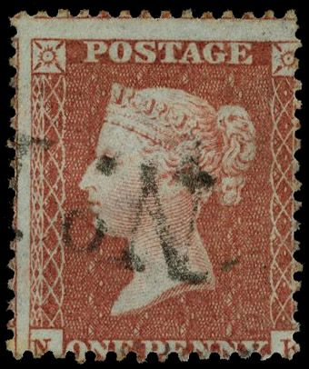 1855 1d Red-brown Pl.1. black No.1. receiving house Handstamp.